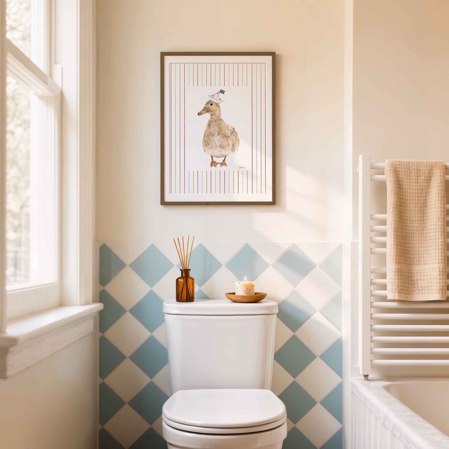 illustrated duck wearing paper boat hat on striped background. Perfect for nursery rooms wall art, bathroom wall art.