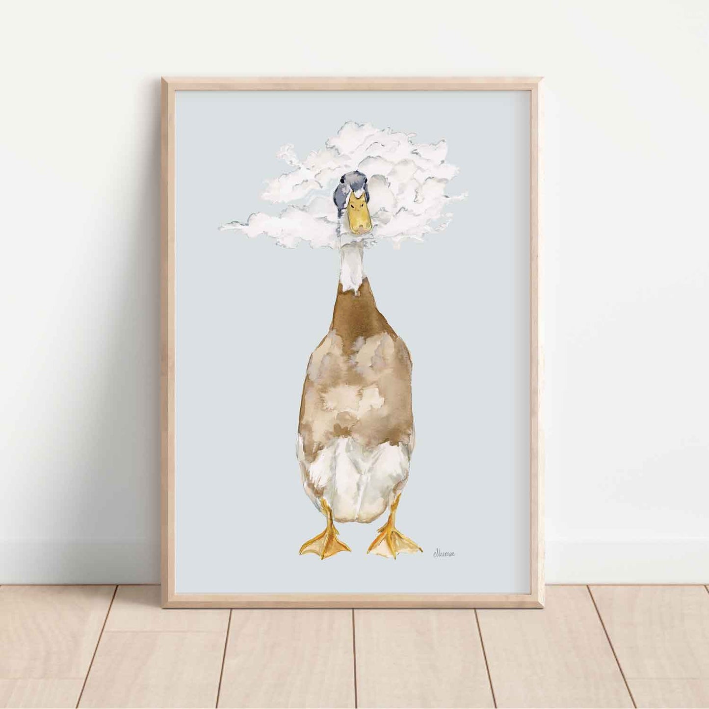 runner duck illustration with its head in the clouds on blue background fine art print. Perfect for unisex nursery room or childrens room