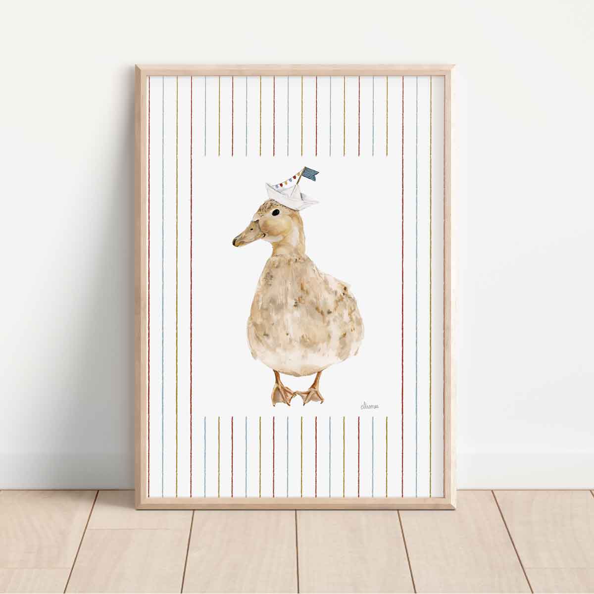 illustrated duck wearing paper boat hat on striped background. Perfect for nursery rooms wall art, bathroom wall art.
