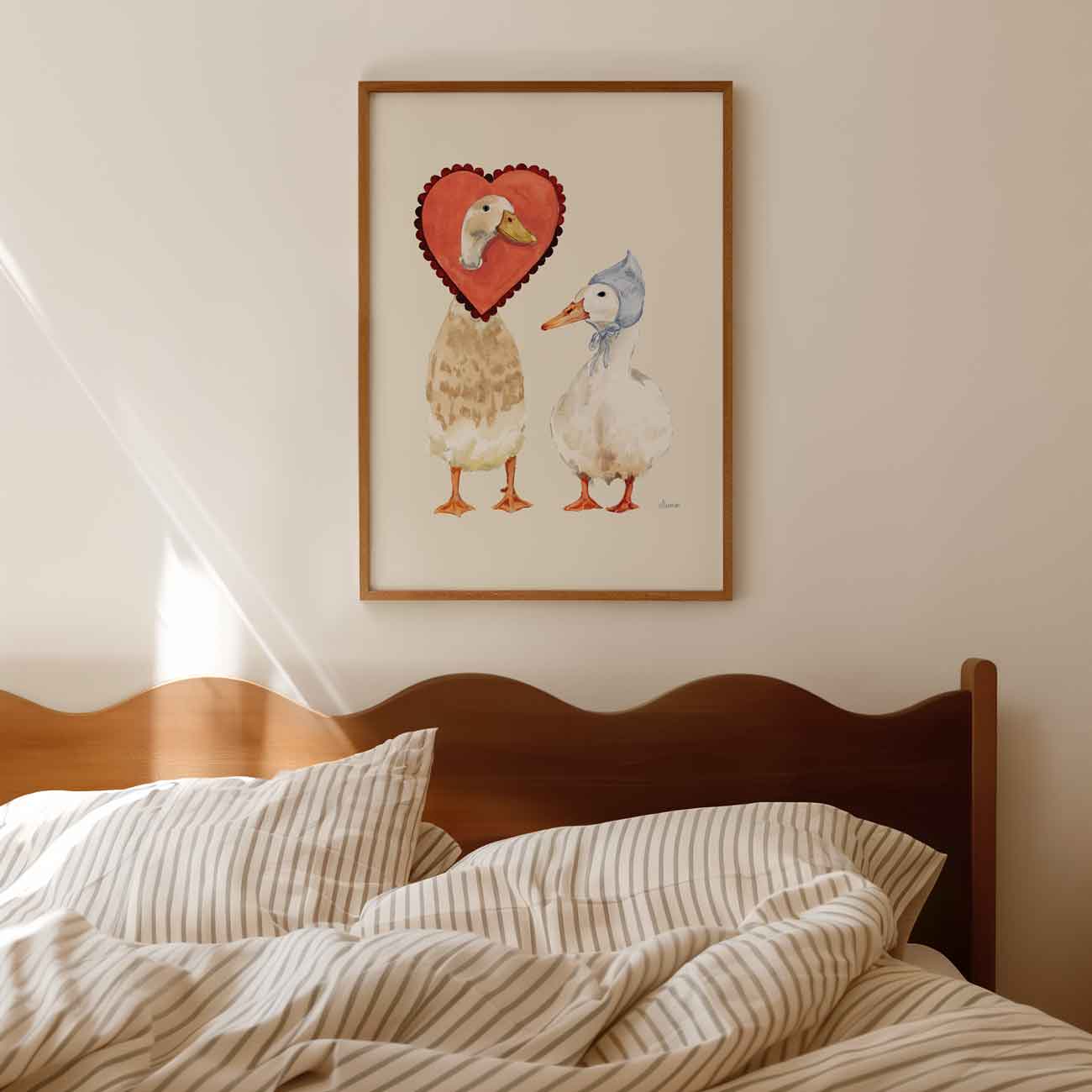 indian runner duck and white duck wearing vintage hat and love heart around neck. Perfect Valentines gift- Nursery room wall art - Bedroom Wall Art