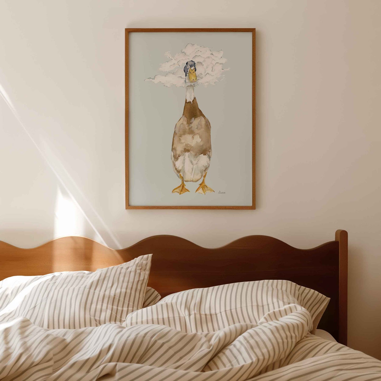 runner duck illustration with its head in the clouds on blue background fine art print. Perfect for unisex nursery room or childrens room