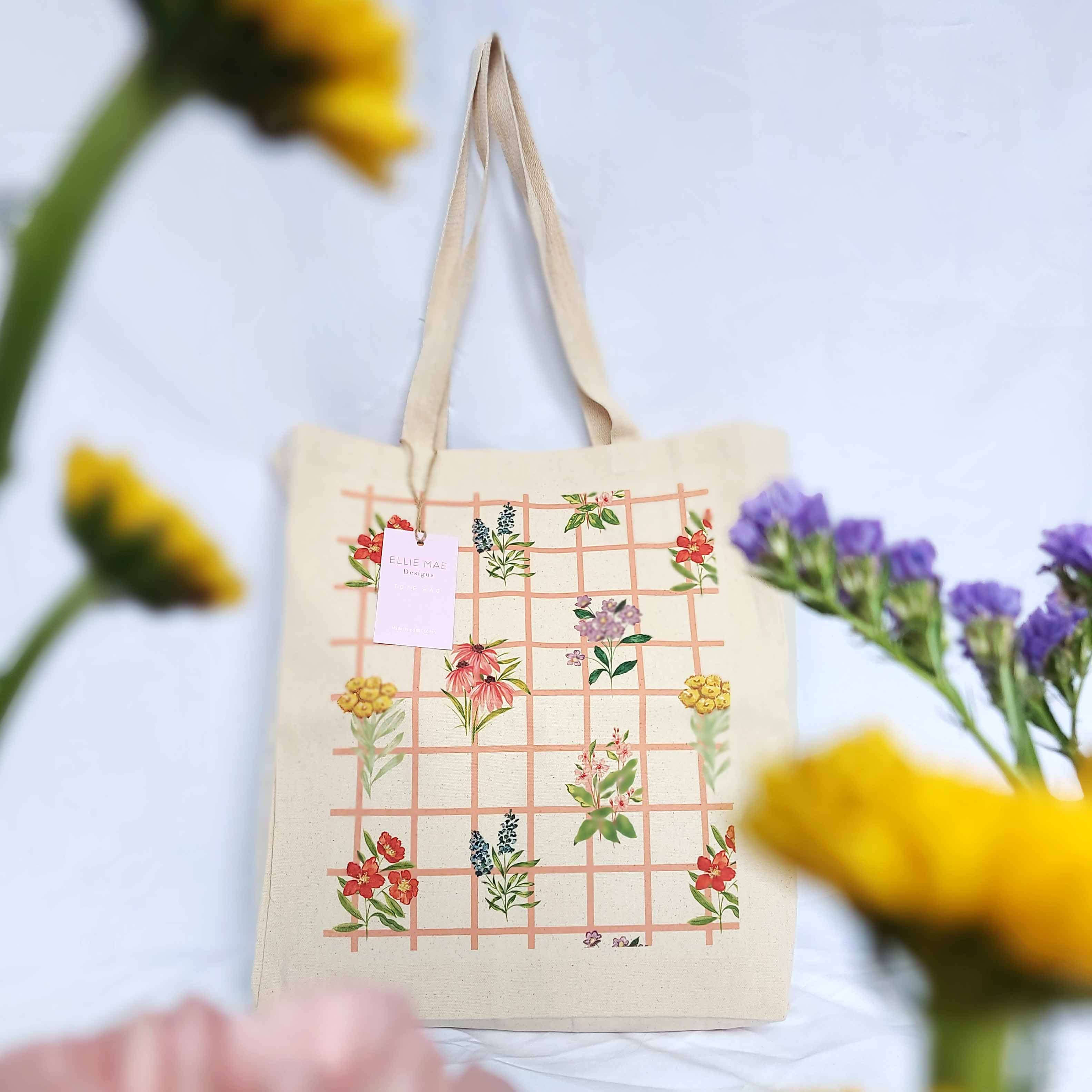 Floral Tote Bag - Flower, Wildflower, Canvas Tote Bag with Zipper