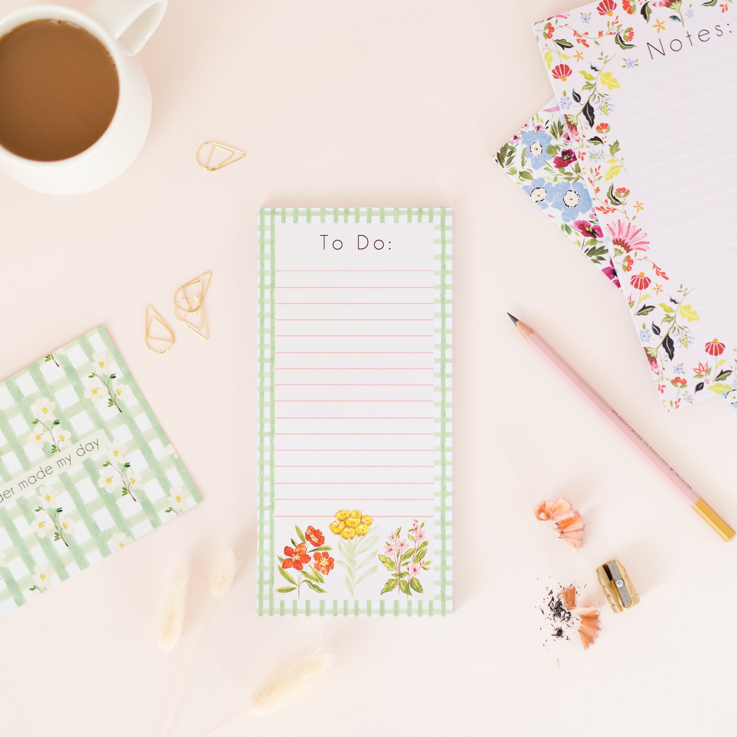 green gingham and floral to do list desk pad, lined with 50 pages