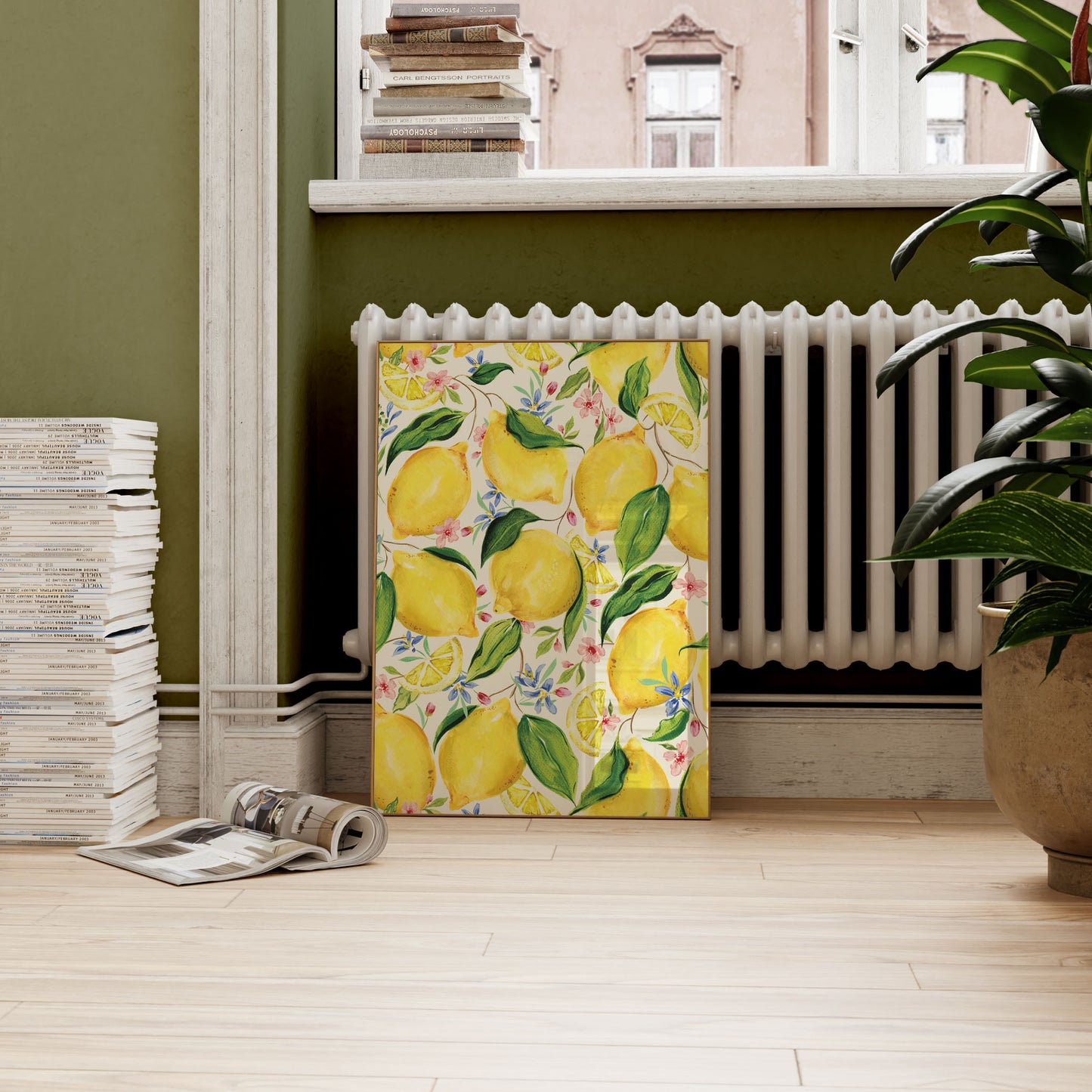 lemon pattern with lilac and pink florals wall art