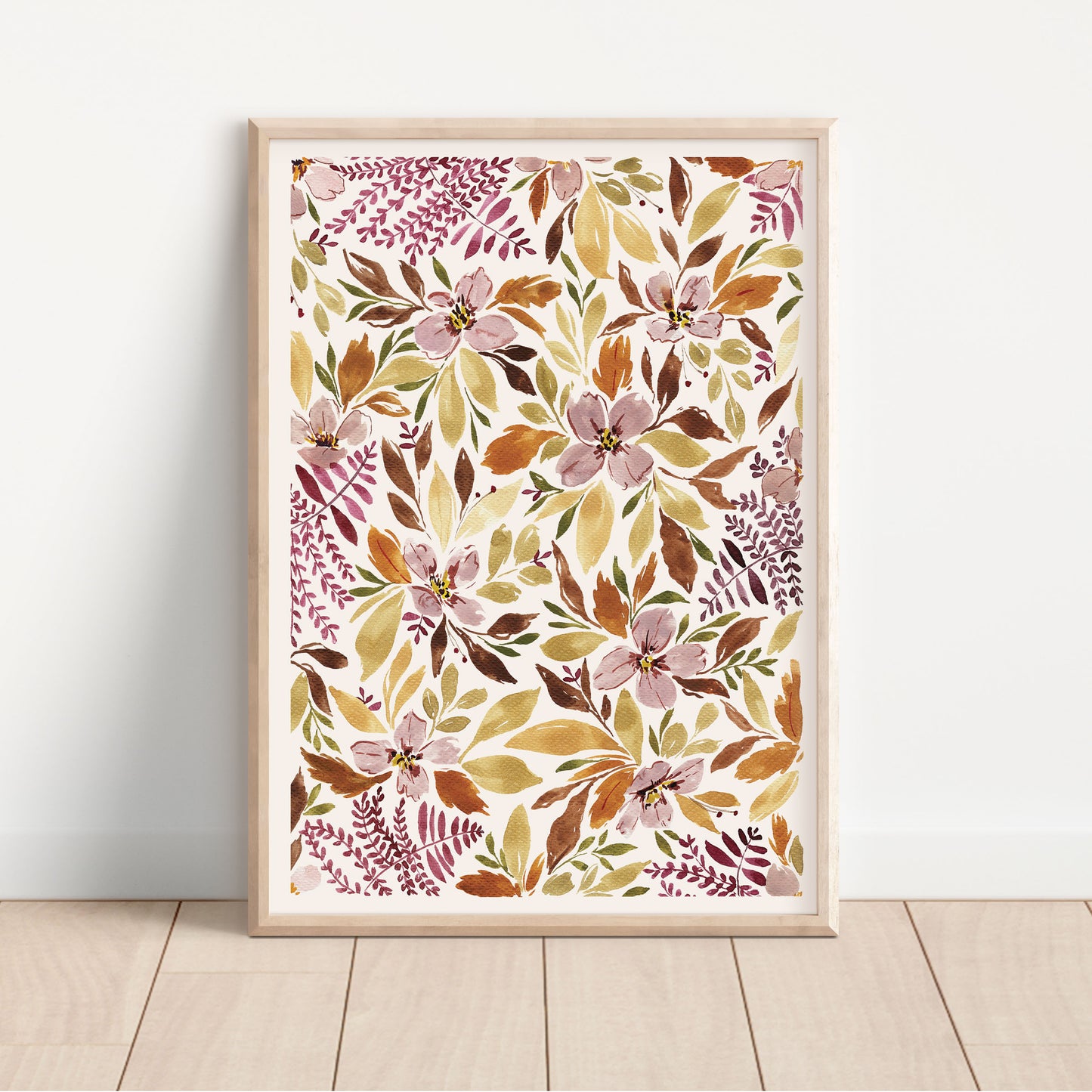 burnt orange, pink, burgundy floral, fern leafy wall art