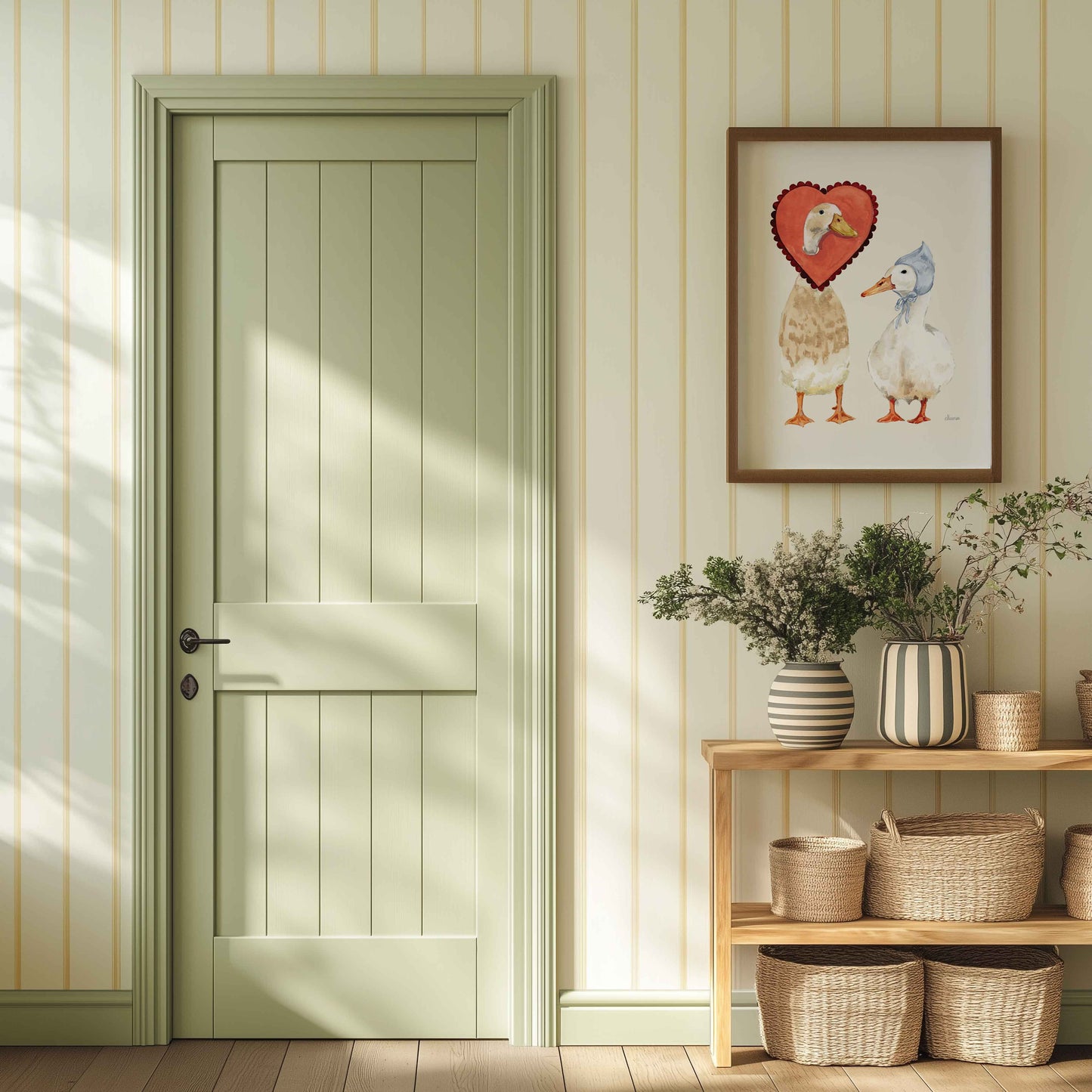 indian runner duck and white duck wearing vintage hat and love heart around neck. Perfect Valentines gift- Nursery room wall art - Bedroom Wall Art 