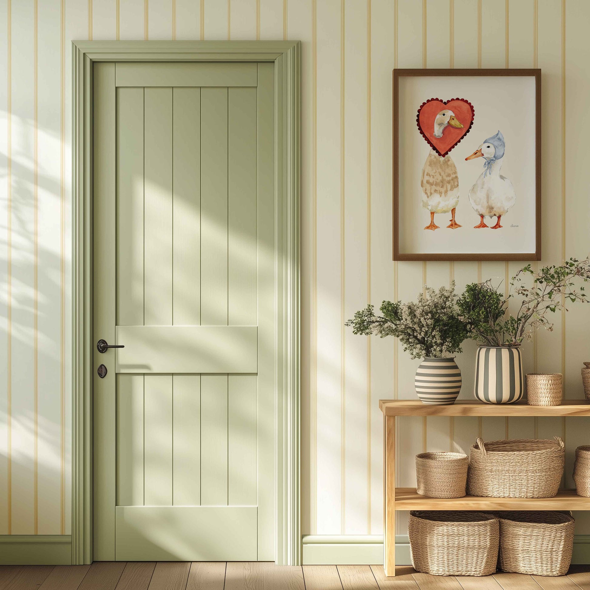 indian runner duck and white duck wearing vintage hat and love heart around neck. Perfect Valentines gift- Nursery room wall art - Bedroom Wall Art 