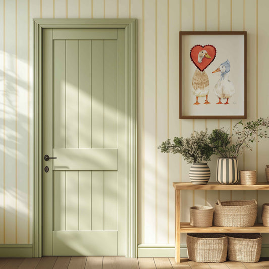 indian runner duck and white duck wearing vintage hat and love heart around neck. Perfect Valentines gift- Nursery room wall art - Bedroom Wall Art 