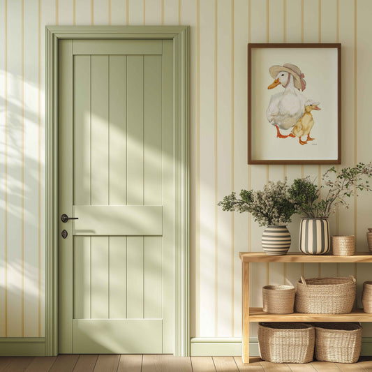 Mum duck and duckling wearing summer hats on a butter yellow background. nursery baby room wall art. Cottage vintage inspired wall art.