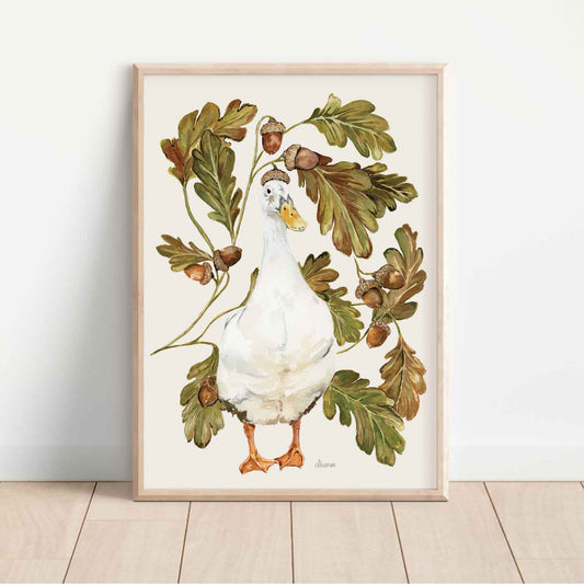 autumn acorn duck print. white indian runner duck wearing acorn hat surrounded by acorns and foliage. Available in a4 a3 a2 sizes.