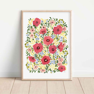 watercolour hand painted poppy floral design, bright pinks, lilacs, butter yellow and greenery fine art print in a4, a3, a2 size