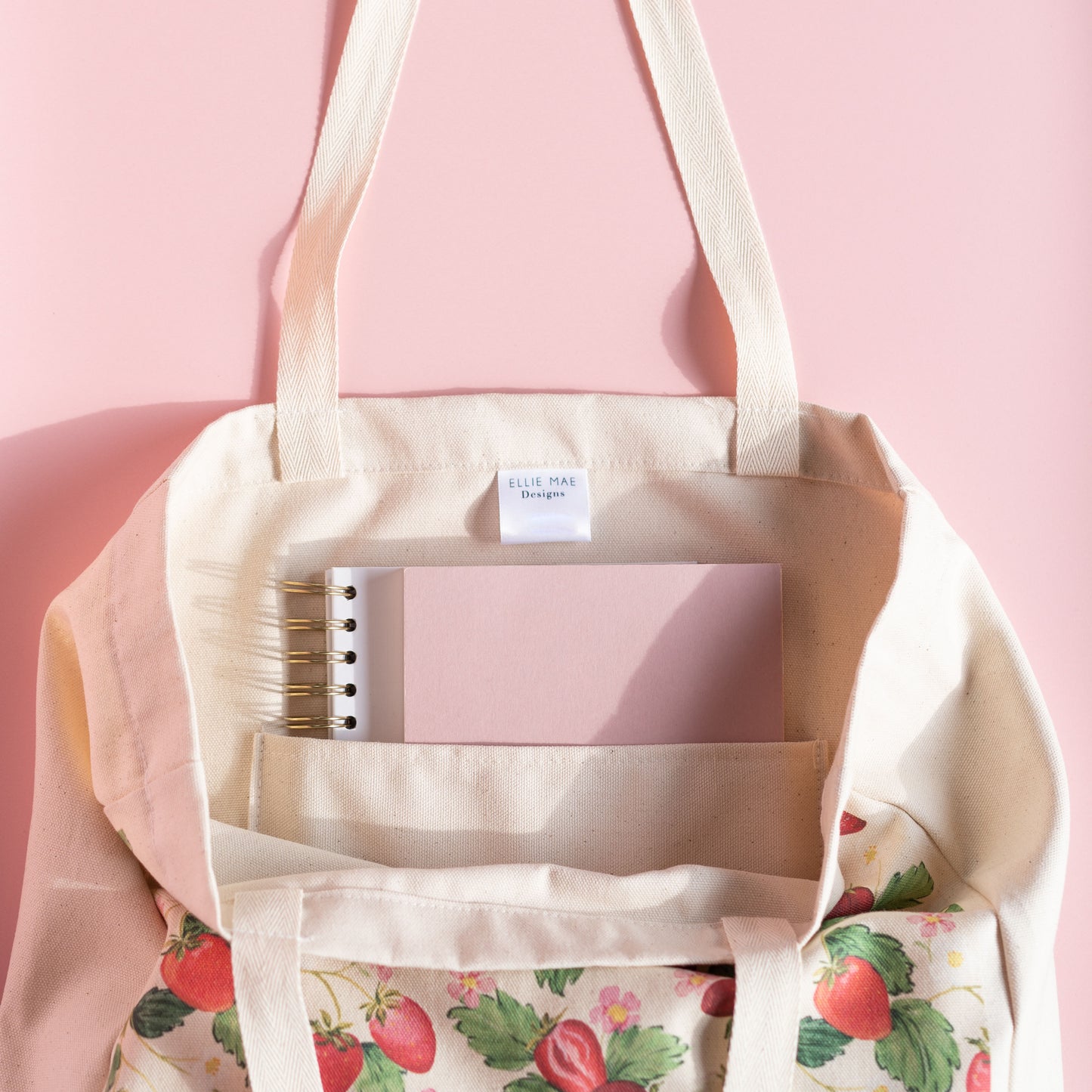 strawberry cotton tote bag with A5 notebook inner pocket 