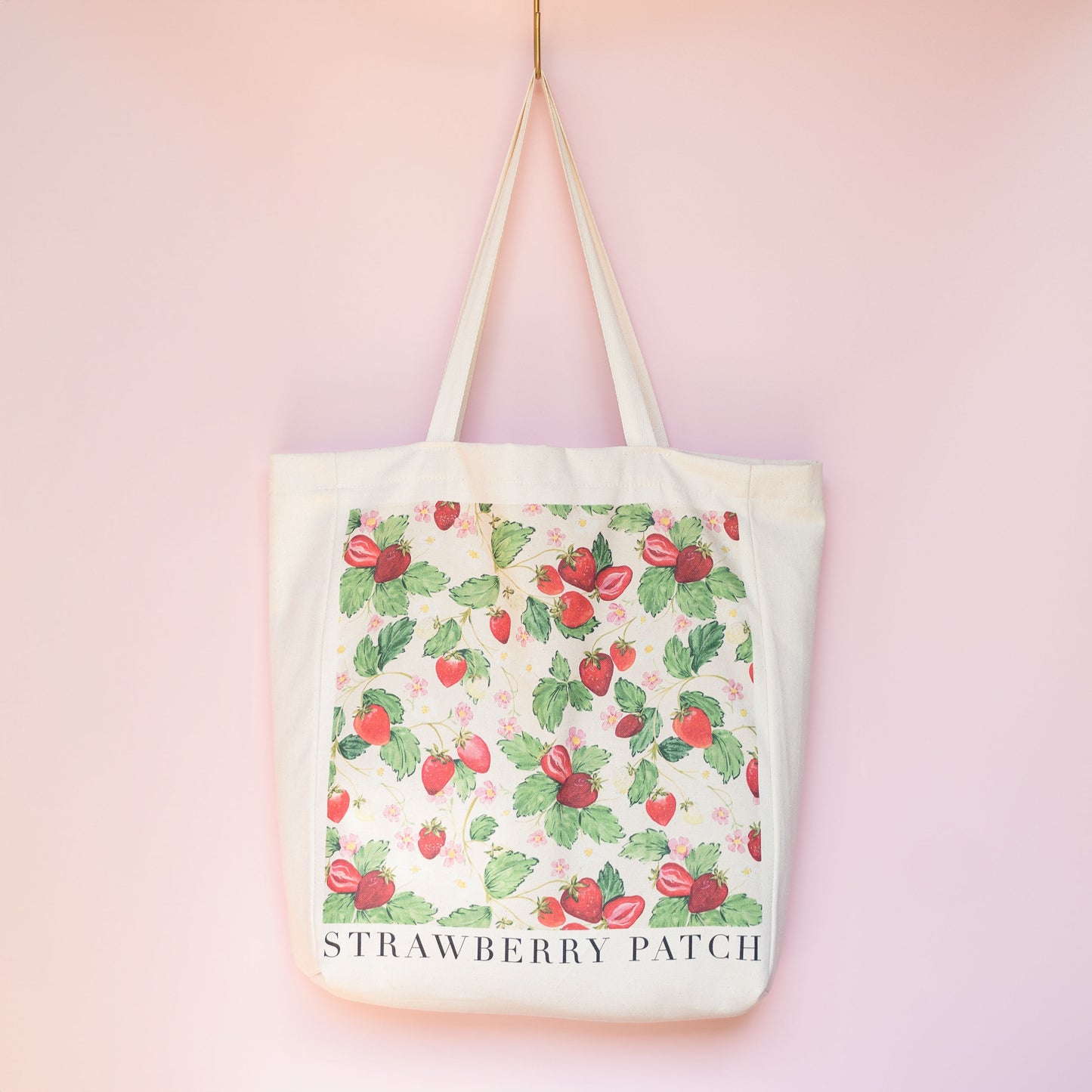 cotton gusset strawberry patterned summer tote bag for farmers market, shopping 