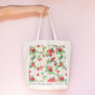 strawberry patch tote bag, gusset tote bag with an inner a5 pocket! Hand painted design by Ellie Mae.