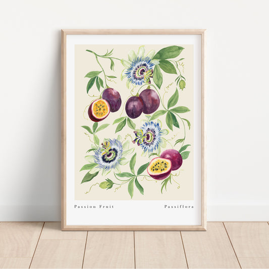 hand painted passion fruit art print with blooming passion flowers. available in a4 and a3 perfect for kitchen and dining spaces.