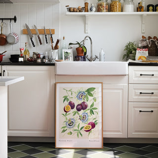 hand painted passion fruit art print with blooming passion flowers. available in a4 and a3 perfect for kitchen and dining spaces.
