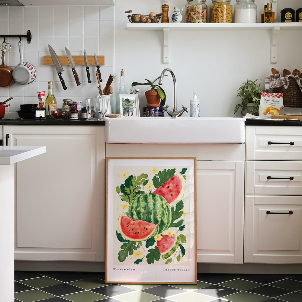 hand painted watermelon fruit and yellow florals print. available in a4 and a3, sold unframed. Perfect for kitchen, dining, living areas.
