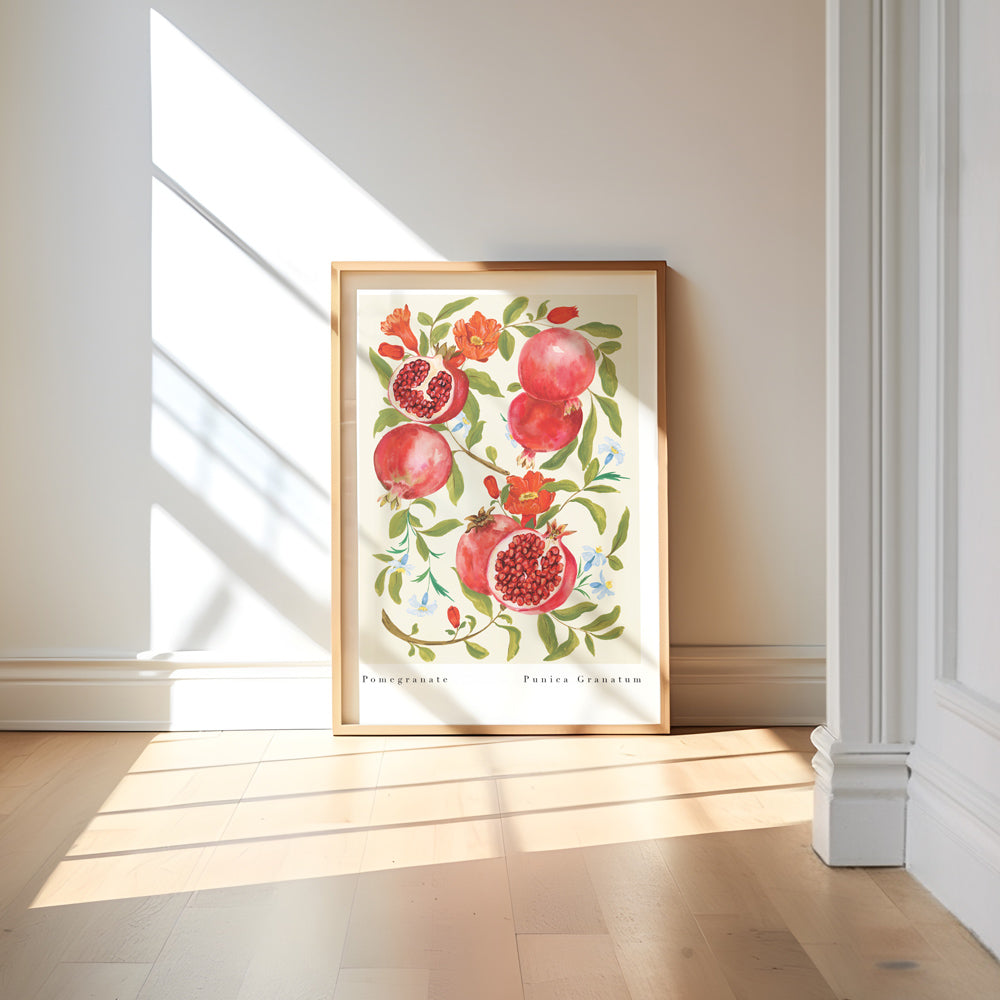 Pomegranate fruit print hand painted gouache design with lilac wildflowers. Available in A4 and A3.