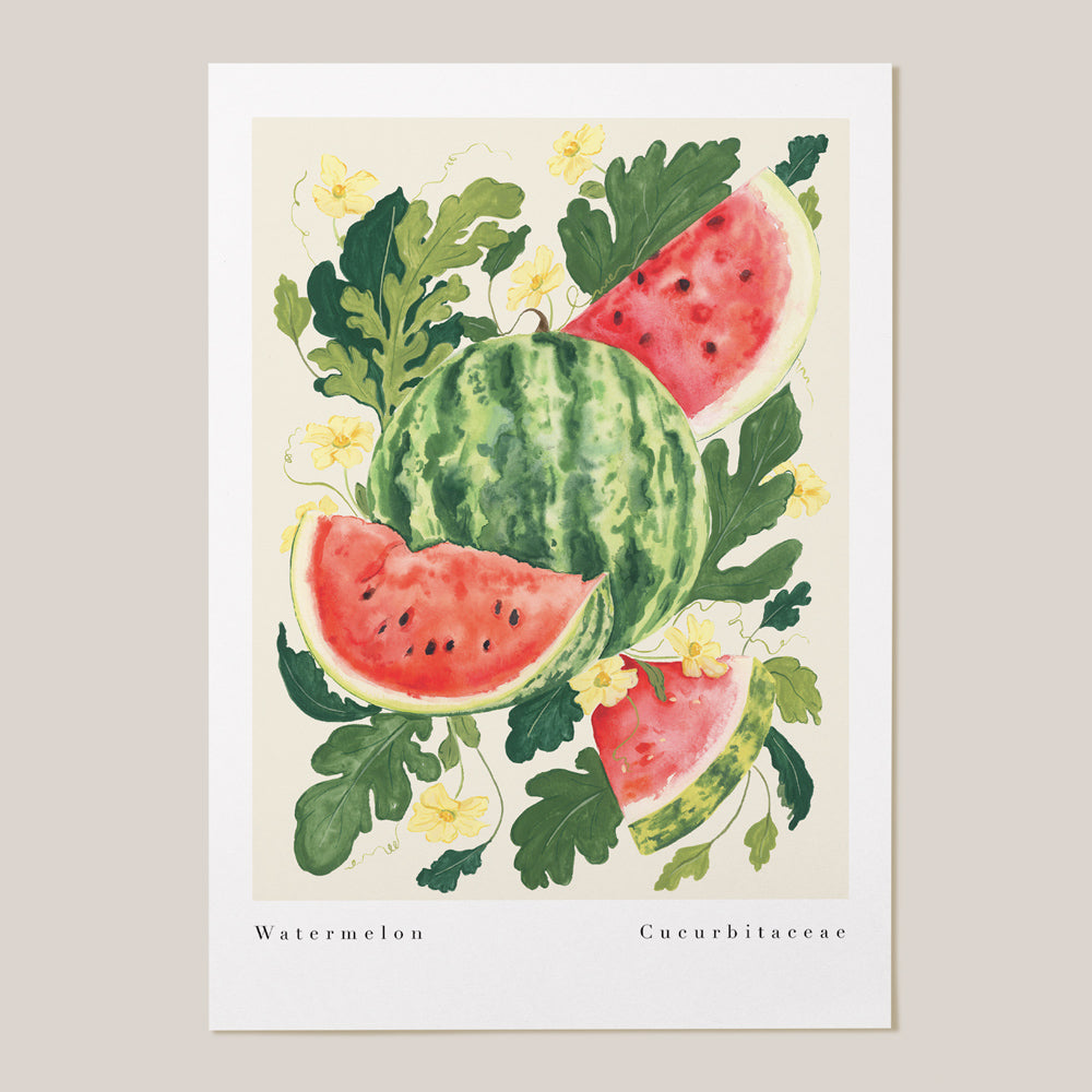 hand painted watermelon fruit and yellow florals print. available in a4 and a3, sold unframed. Perfect for kitchen, dining, living areas.