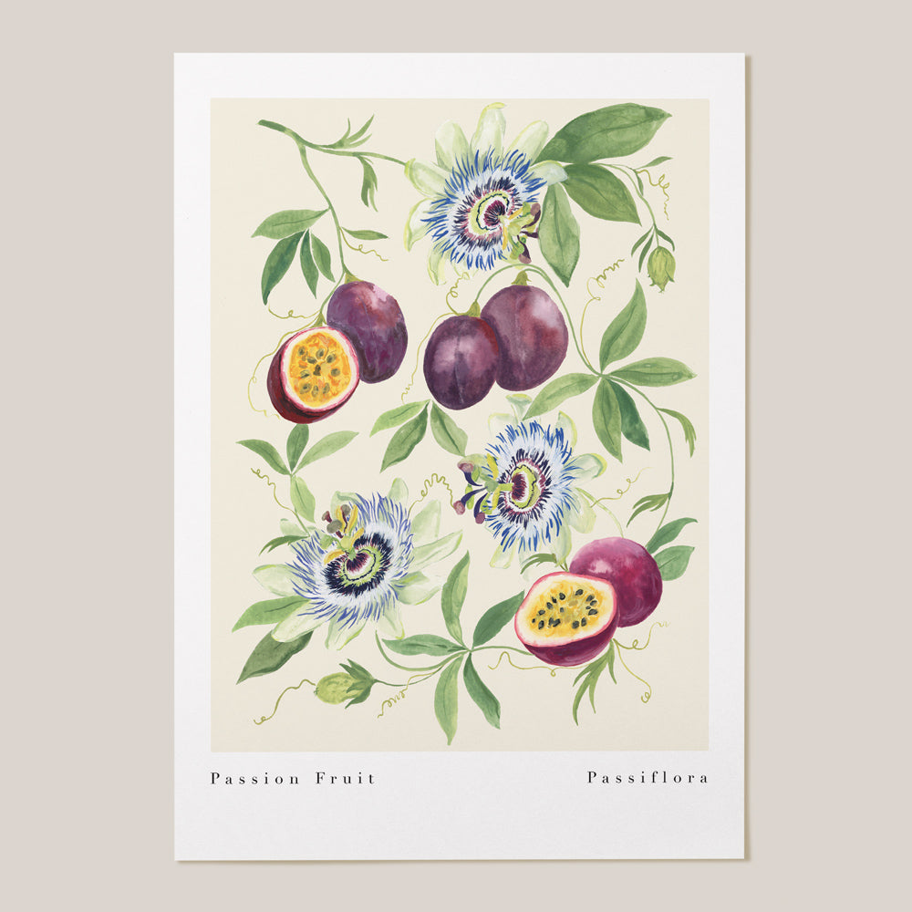 hand painted passion fruit art print with blooming passion flowers. available in a4 and a3 perfect for kitchen and dining spaces.
