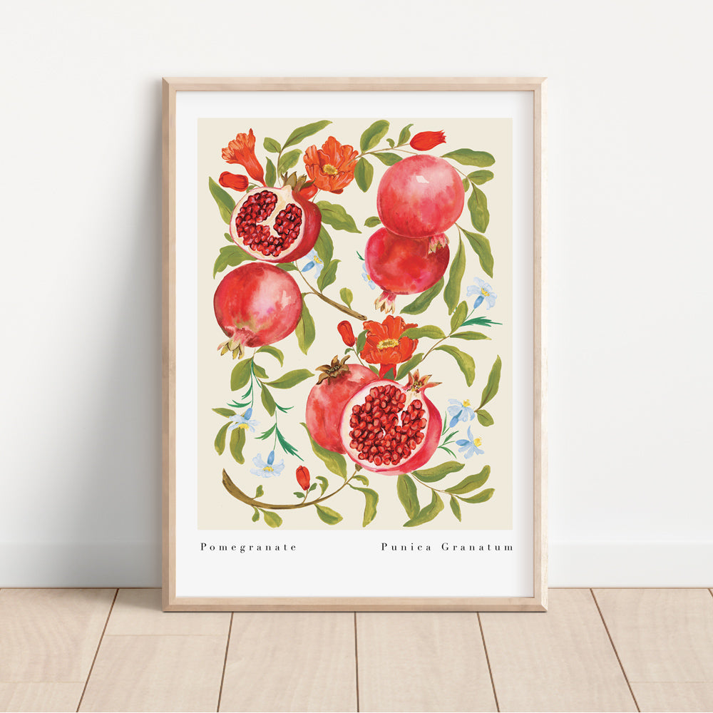 Pomegranate fruit hand painted gouache design with lilac wildflowers. Available in A4 and A3. 