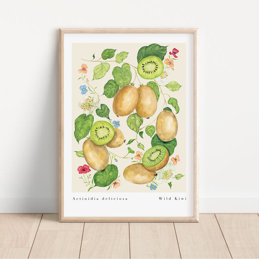 wild kiwi fruit print, hand painted gouache kiwi and colourful wildflower designed print. Available in A4 and A3