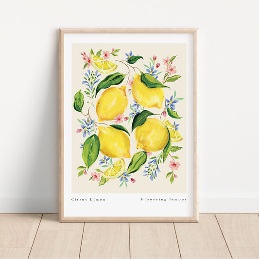 citrus limon, lemon fruit, lemon wedges and floral print 