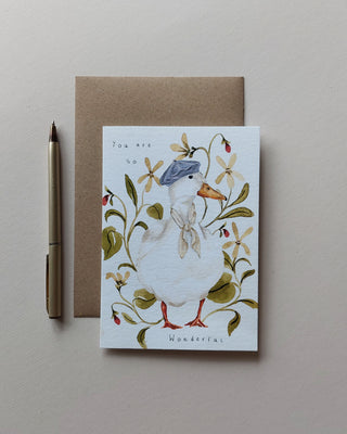 Friendship 'you are so wonderful' greeting card. Illustrated whimsical duck surrounded by wildflowers 