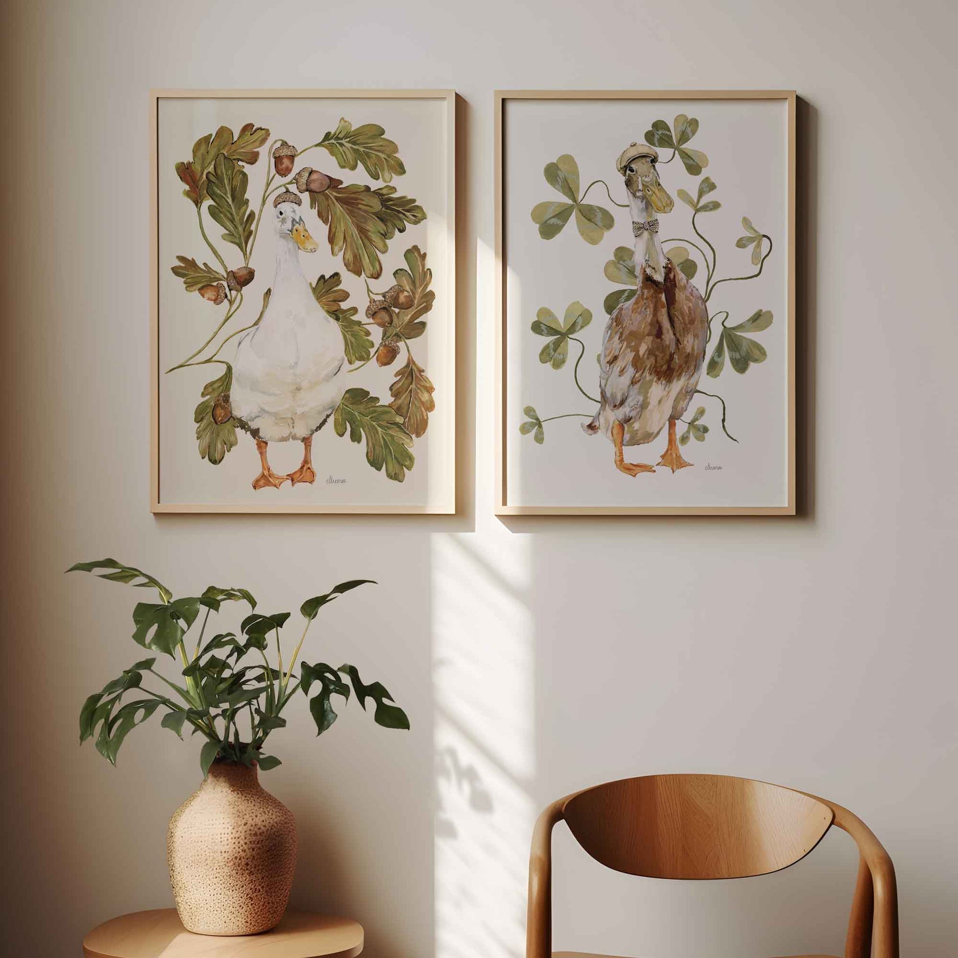 Two framed Duck prints on a wall with a plant and chair in the foreground.