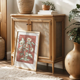 Our anemone blanda art print with a hand painted dusty rose pink background and light lilac flower heads. Small text reading floral studies; anemone blanda NO.5 styled in a light oak frame