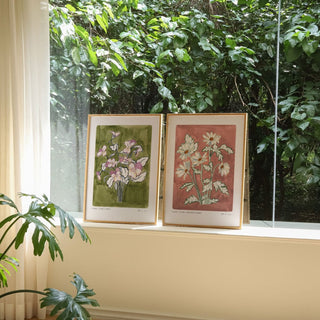 Our dusty rose pink anemone blanda flower print paired with our sage green and lilac pansy print