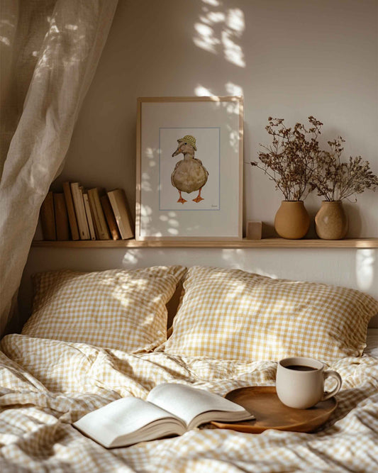 brown illustrated duck wearing yellow gingham bucket hat. Vintage inspired nursery room wall art, perfect for cosy cottage home.