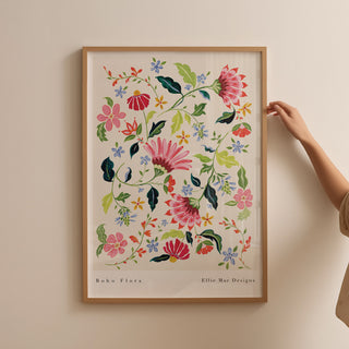 pink floral art print styled in light oak thin frame