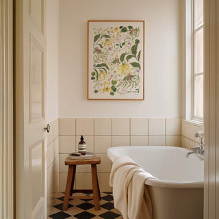 Ylang ylang flowers, chamomile, neroli and other natural essence wildflowers entwined painting called botanical whisper styled in bathroom