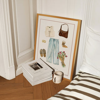 Coffee Date Fine art print- Fashion Lifestyle print- Outfit illustration with coffee and croissant styled on bedroom floor framed with books and coffee cup 