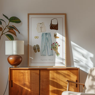 Coffee Date Fine art print- Fashion Lifestyle print- Outfit illustration with coffee and croissant styled in a living room with plant and lamp