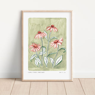 Our coneflower art print with a sage green painted background and peachy pink flowers and green outlined leaves. With small text reading floral studies: coneflower NO.7
