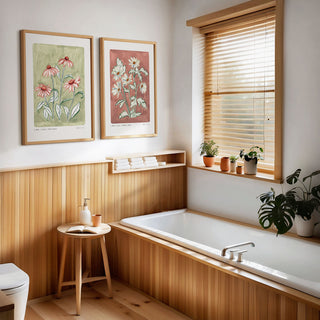 Our sage green coneflower print styled with our dusty rose pink anemone blanda flower print in a bathroom