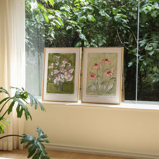 Our coneflower art print styled with our olive green and lilac pansy flower print