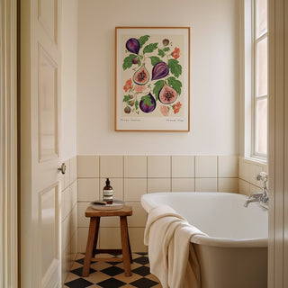 botanical vintage style hand painted fig fruit print styled in bathroom