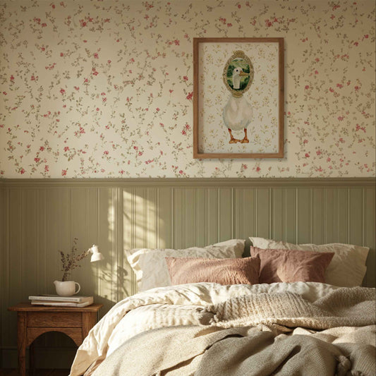 white duck illustration with ducks head in vintage frame. Perfect for Cottage home, vintage childrens style nursery room.