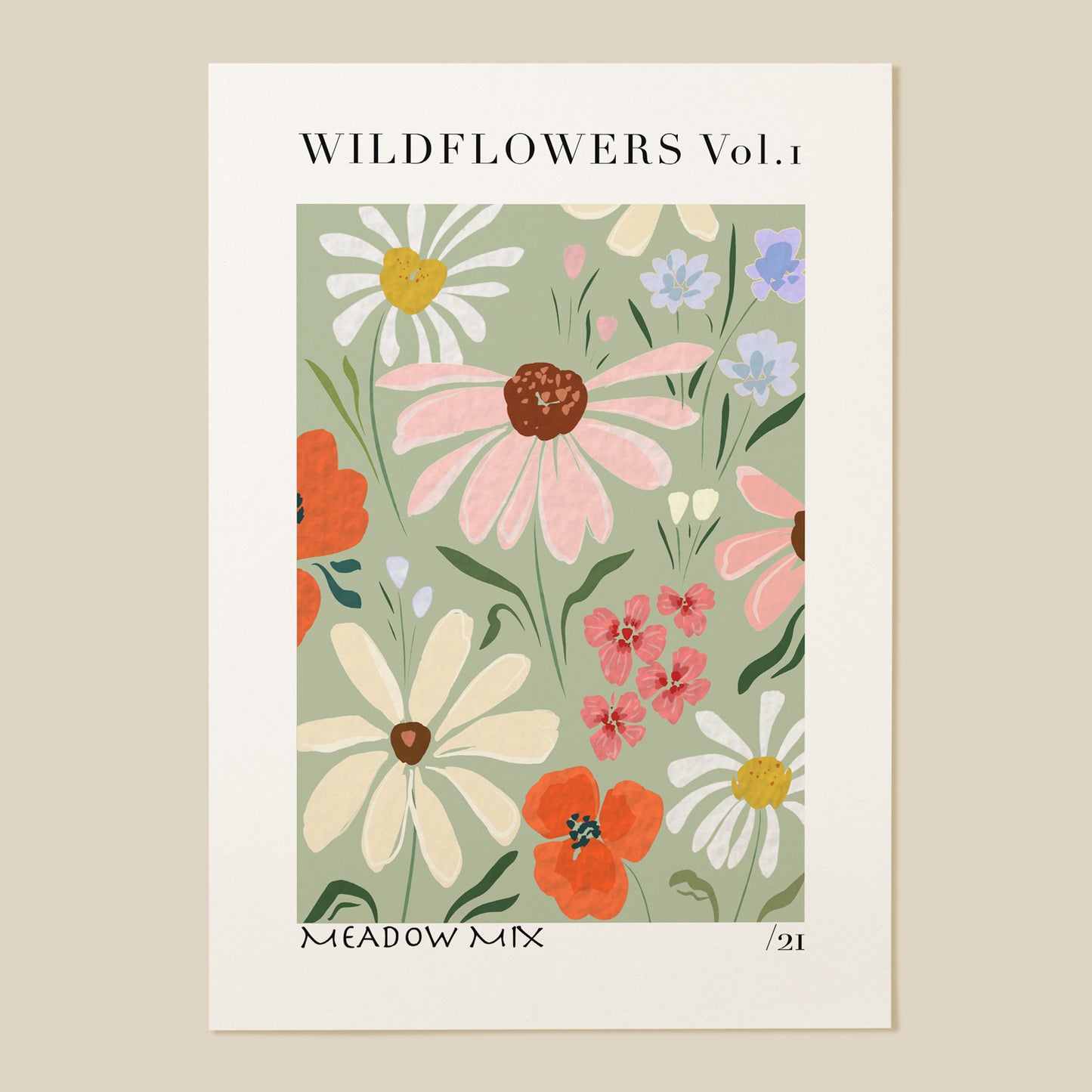 pink, sage green, orange lilac wildflower abstract gallery wall print 