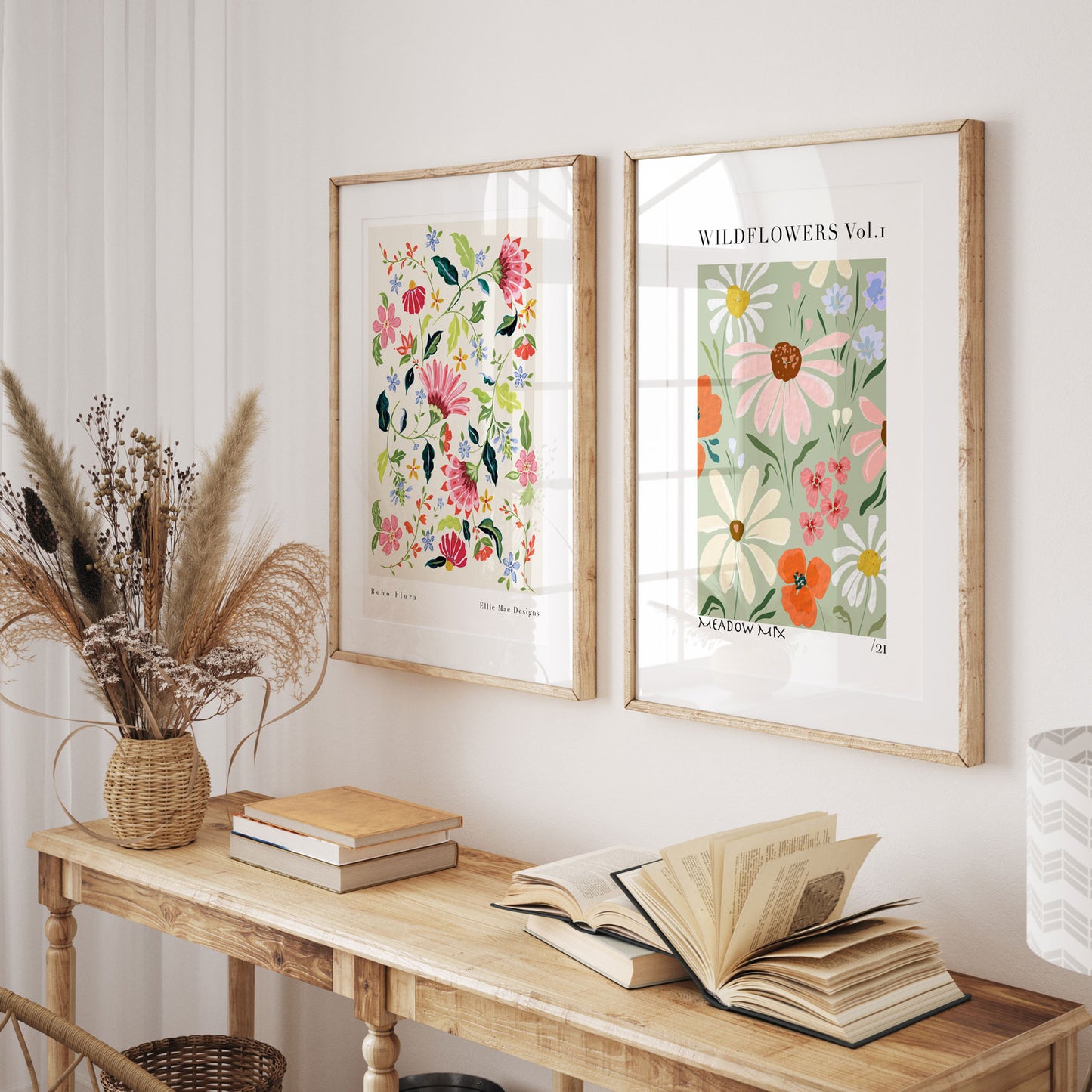 floral print styling inspiration. Paired together here are our meadow mix art print and boho flora art print 