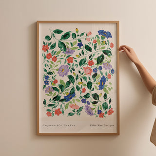wildflower colourful art print styled in thin oak frame