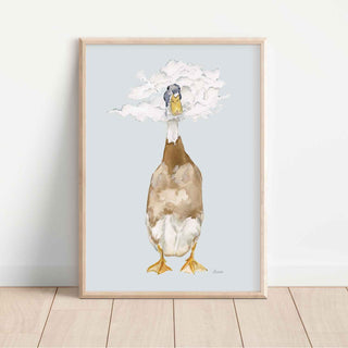 runner duck illustration with its head in the clouds on blue background fine art print. Perfect for unisex nursery room or childrens room