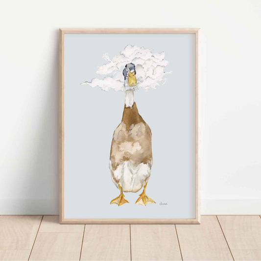 runner duck illustration with its head in the clouds on blue background fine art print. Perfect for unisex nursery room or childrens room