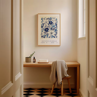 modern hepatica florals blue inky wildflower art print styled in bathroom 