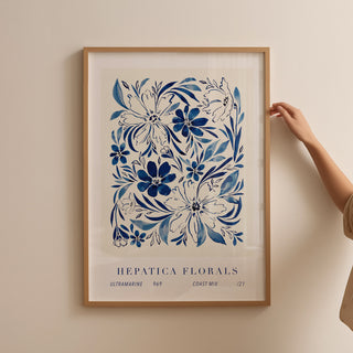 hepatica florals art print framed in a light oak thin frame