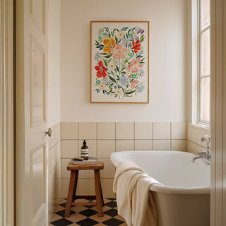joyful florals art print styled large on bathroom walls 