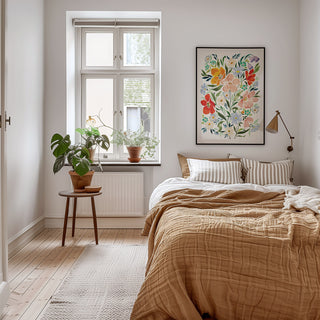 joyful florals large in bathroom above bed 